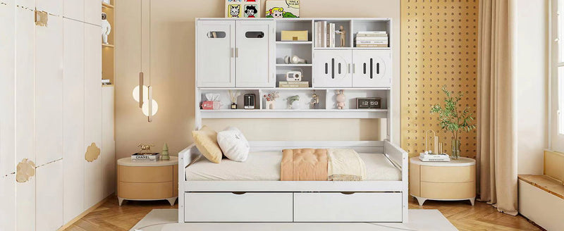 Wooden Daybed With 2 Drawers, And All-In-One Cabinet And Shelf