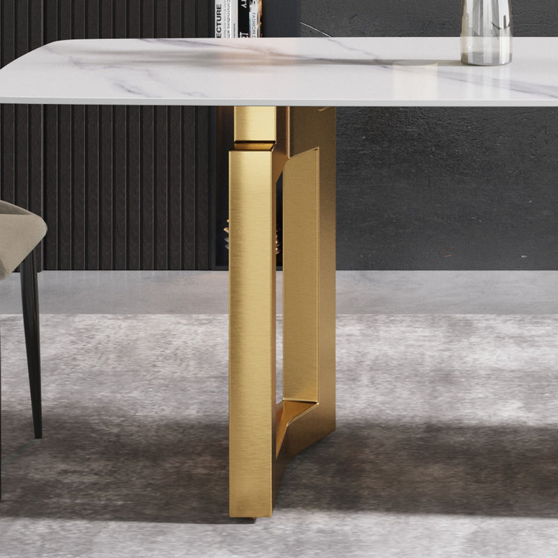 63" Modern Artificial Stone White Curved Golden Metal Leg Dining Table, 6 People - White / Gold