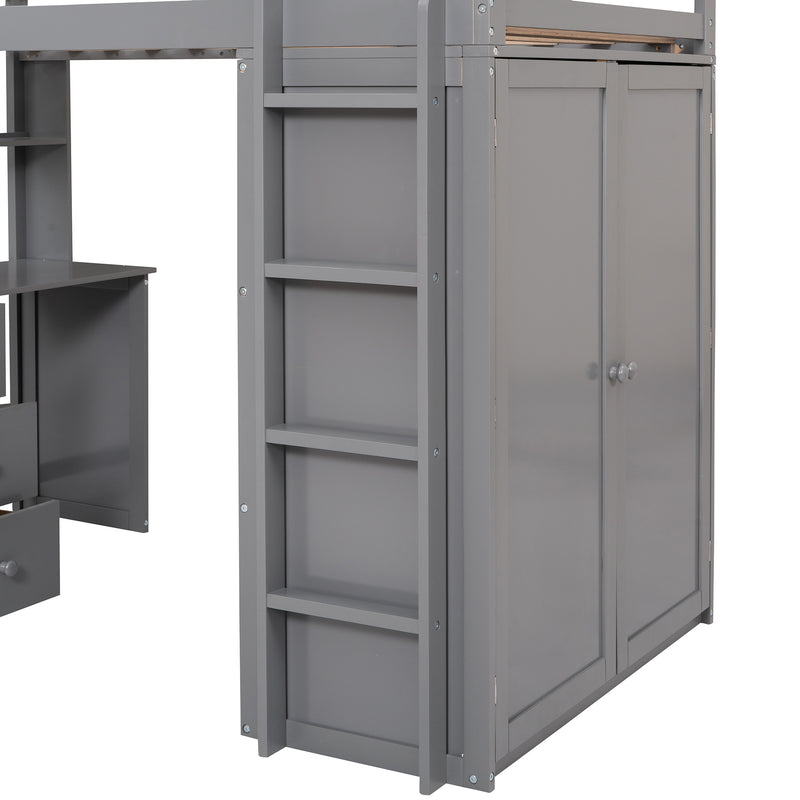 Twin size Loft Bed with Drawers,Desk,and Wardrobe-Gray