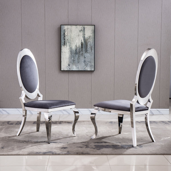 Velvet Dining Chair With Oval Backrest (Set of 2), Stainless Steel Legs - Gray