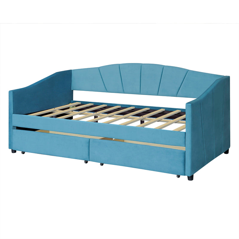 Twin Size Upholstered Daybed With Two Drawers And Wood Slat - Blue