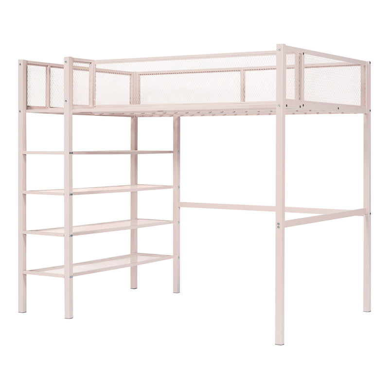 Twin Size Metal Loft Bed with 4-Tier Shelves and Storage, Pink