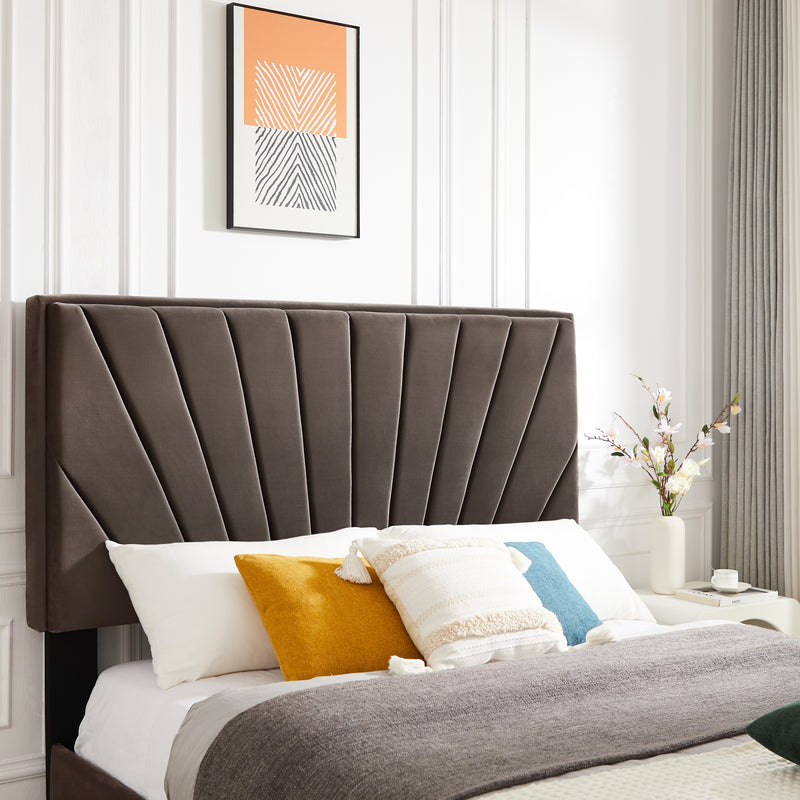 B108 King bed Beautiful line stripe cushion headboard , strong wooden slats + metal legs with Electroplate