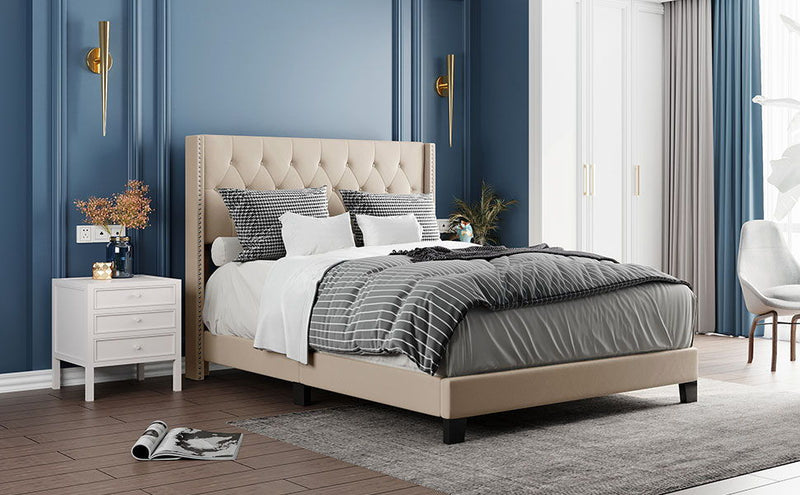 Queen Size Upholstered Platform Bed With Classic Headboard, No Box Spring Needed - Beige