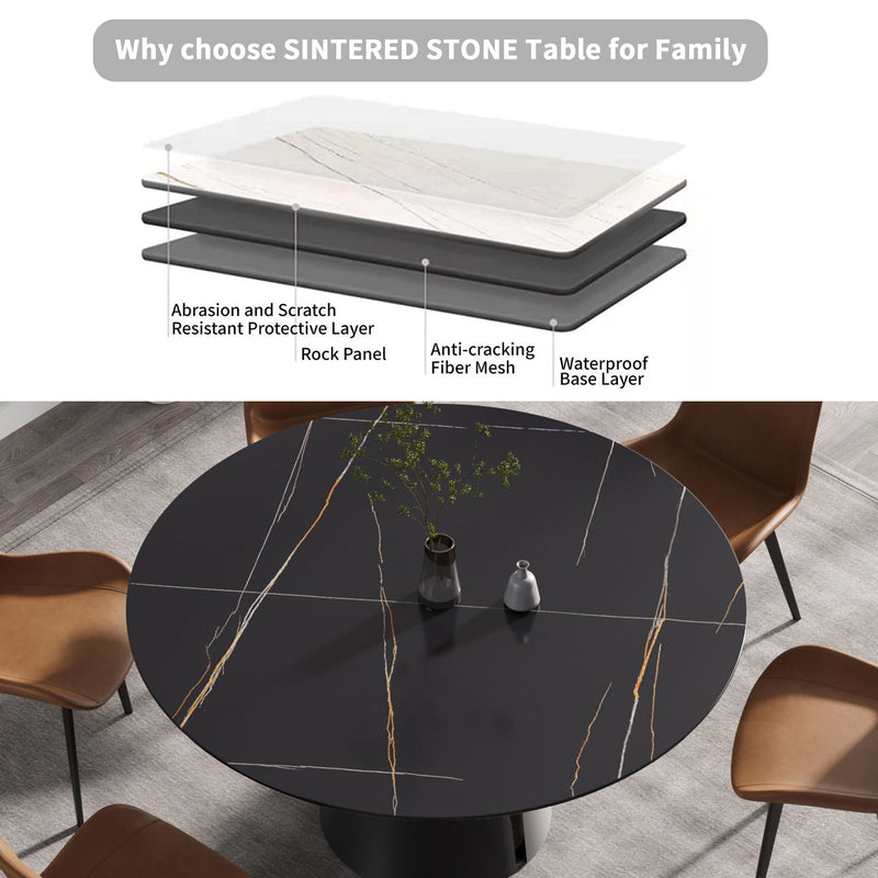 Modern Artificial Stone Round Carbon Steel Base Dining Table, Can Accommodate 6 People - Black / Gold