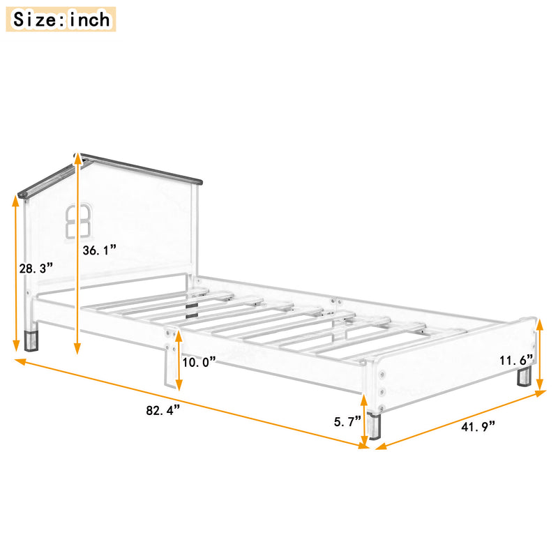 Twin Size Wood Platform Bed with House-shaped Headboard  (White+Pink)