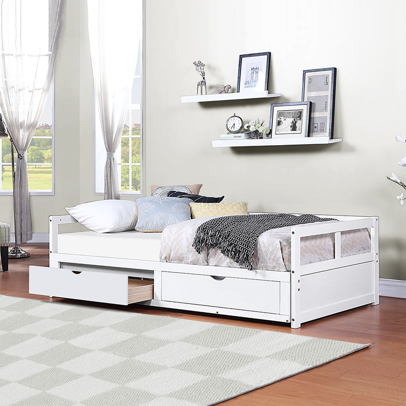 Wooden Daybed With Trundle Bed And Two Storage Drawers, Extendable Bed Daybed, Sofa Bed For Bedroom Living Room - White