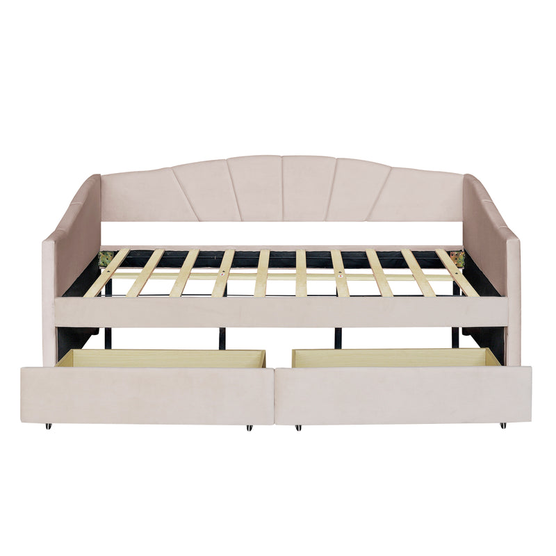 Upholstered daybed Twin Size with Two Drawers and Wood Slat  ,Beige