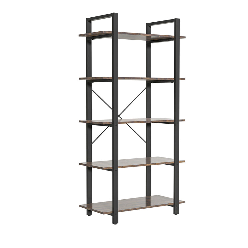 5 Shelf Vintage Industrial Rustic Bookshelf, 5 Tier Wood And Metal Bookcase, Open Etagere Book Shelf, Farmhouse Wooden Bookshelves - Vintage Brown