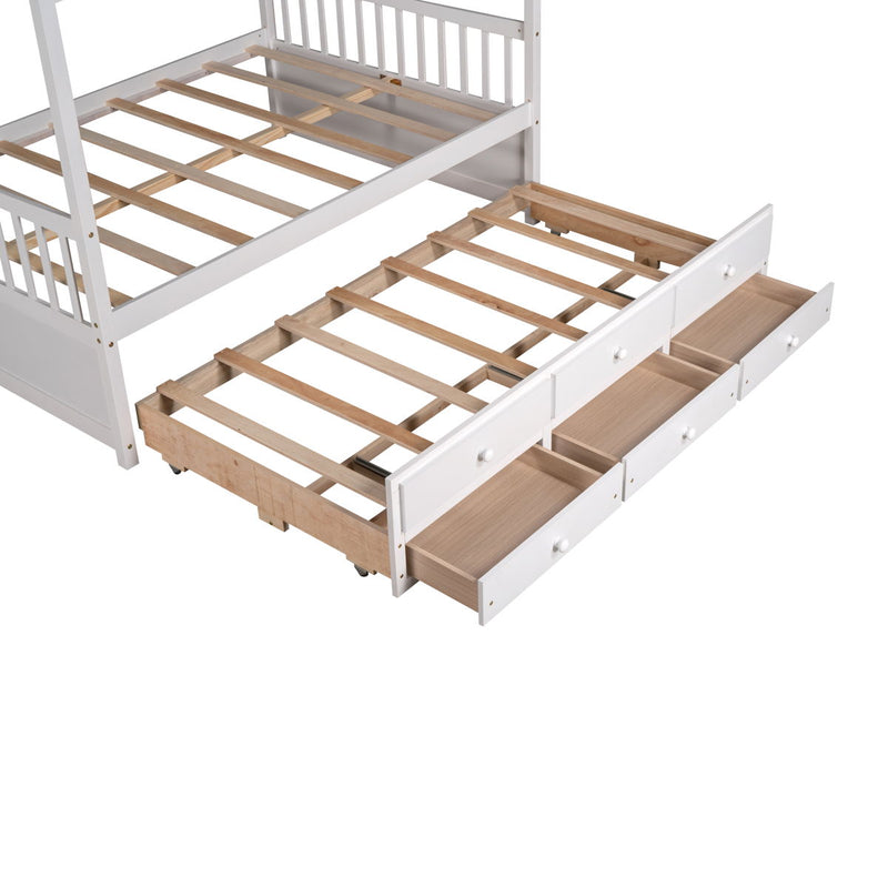 Full Size Wooden House Bed With Trundle And 3 Storage Drawers - White