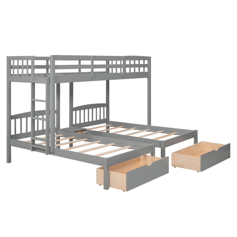 Twin over Twin & Twin Bunk Bed with Two Drawers and Built-in Middle Drawer, Gray