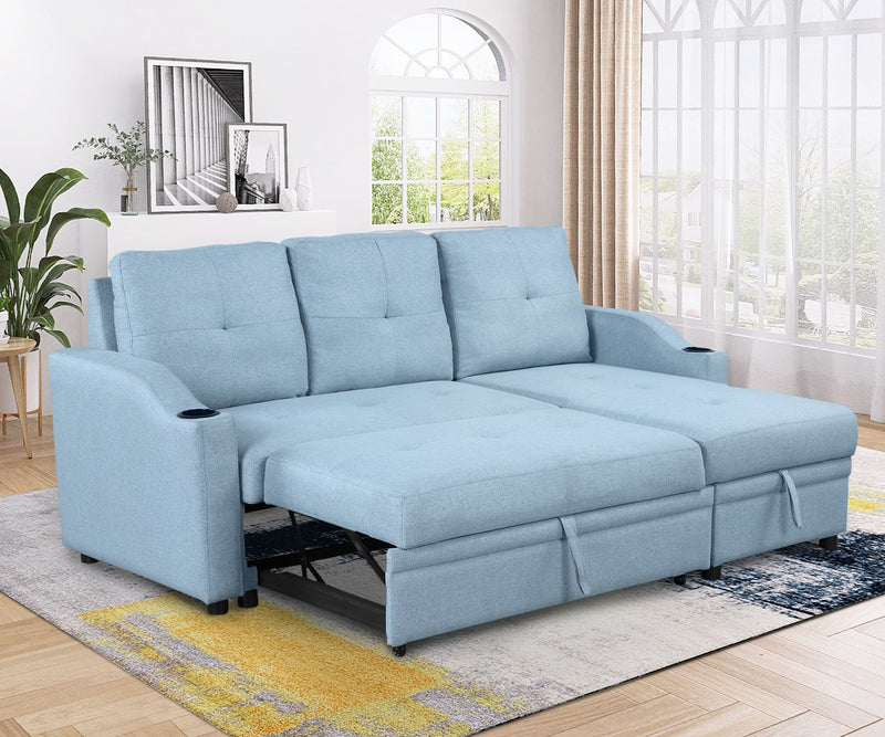 Pull Out Sofa Bed Modern Padded Upholstered Sofa Bed, Linen Fabric 3 Seater Couch With Storage Chaise And Cup Holder, Small Couch For Small Spaces