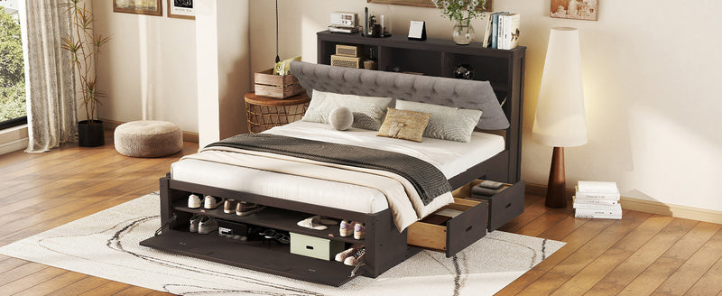 Wood Queen Size Platform Bed with Storage Headboard, shoe rack and 4 drawers,Espresso