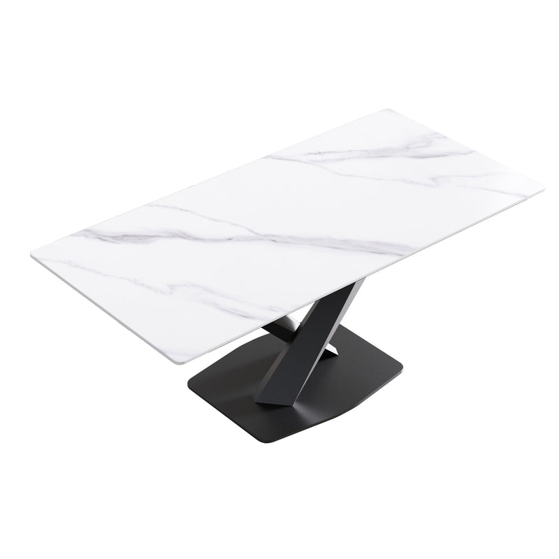 70.87" Modern Artificial Stone White Straight Edge Black Metal Leg Dining Table, Can Accommodate 6-8 People - White