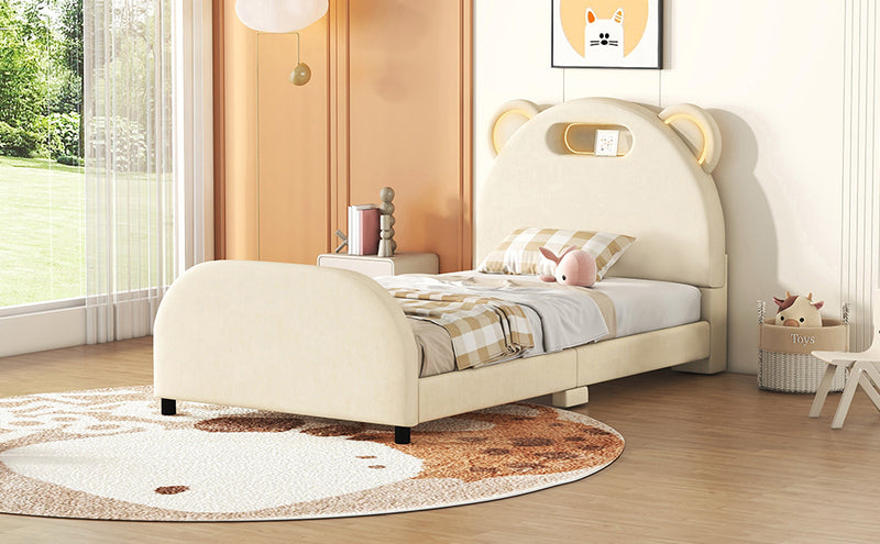 Twin Size Upholstered Platform Bed with Bear-Shaped Headboard and Embedded Light Stripe, Velvet, Beige