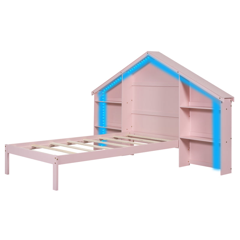 Wood Twin Size Platform Bed with House-shaped Storage Headboard and Built-in LED, Pink