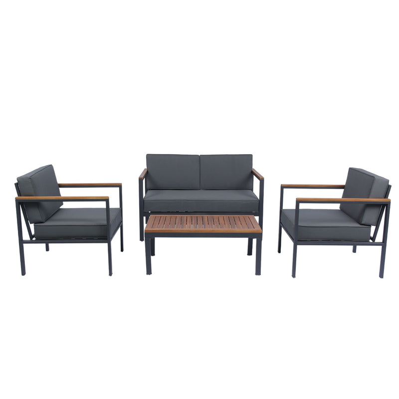 4 Piece Outdoor Sofa Set With Acacia Wood Top, Padded Patio Conversation Table Chair Set With Coffee Table For Garden, Backyard, Poolside Cushions - Dark Gray