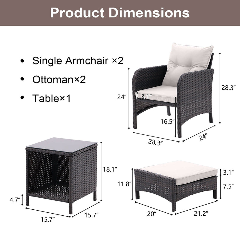 5 Piece Outdoor Patio Furniture Set, All Weather PE Rattan Conversation Chairs With Armrest And Removable Cushions, Ottomans And Storage Coffee Table For Poolside Garden Balcony