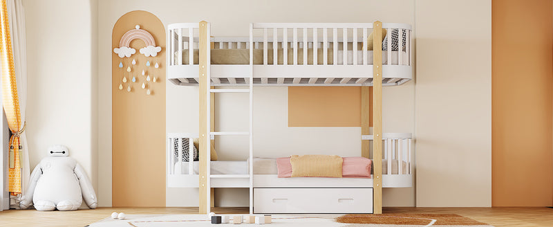 Wood Twin over Twin Bunk Bed with Fence Guardrail and a Big Drawer, White