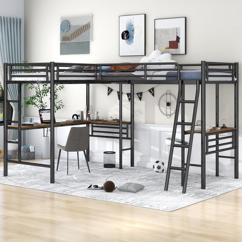 Twin Size Metal Loft Bed with Two Built-in Desks,Black