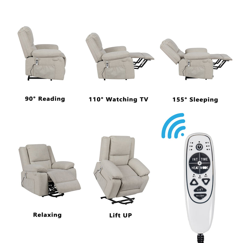 Electric Power Recliner Chair With Massage For Elderly, Remote Control Multi-Function Lifting, Timing, Cushion Heating Chair With Side Pocket