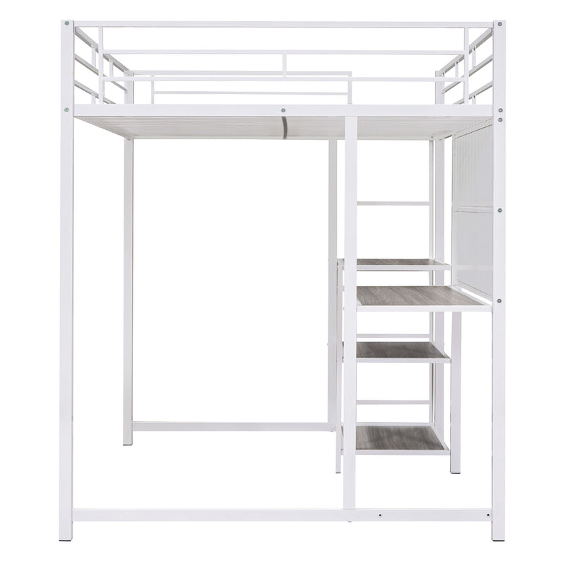 Full Size Loft Bed With Desk And Whiteboard, Metal Loft Bed With 3 Shelves And Ladder - White