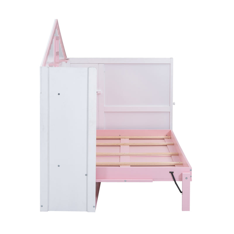 Wood Twin Size House Murphy Bed with USB, Storage Shelves and Blackboard, Pink+White