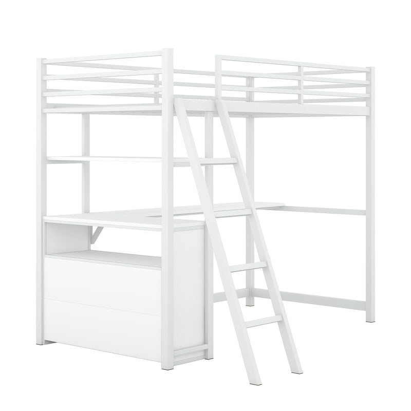 Twin Size Metal&Wood Loft Bed with Desk and Shelves, Two Built-in Drawers, White