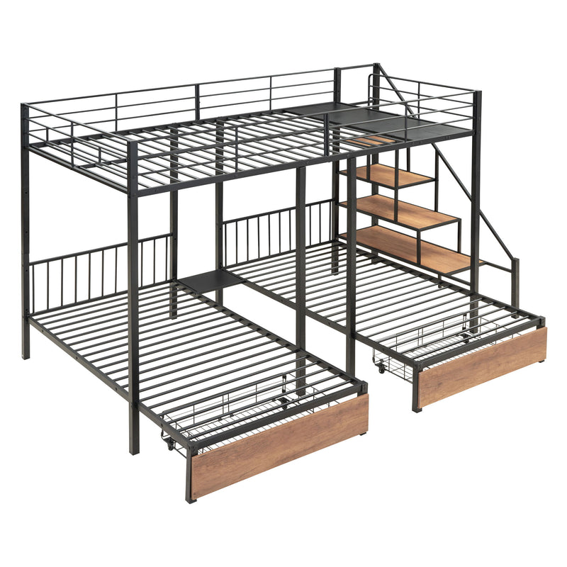 Full Over Twin-Twin Triple Bunk Bed With Drawers And Staircase - Black