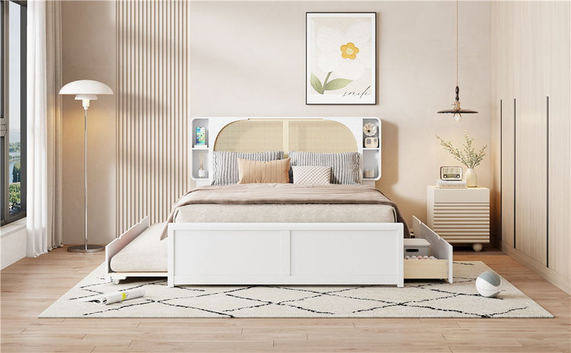 Queen Size Rattan Headboard Bed With Two Drawers And Trundle - White