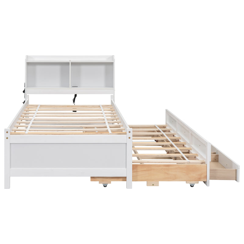 Twin Size Bed with  built-in USB ,Type-C Ports, LED light, Bookcase Headboard, Trundle and 3 Storage Drawers, Twin Size Bed with  Bookcase Headboard, Trundle and Storage drawers  ,White