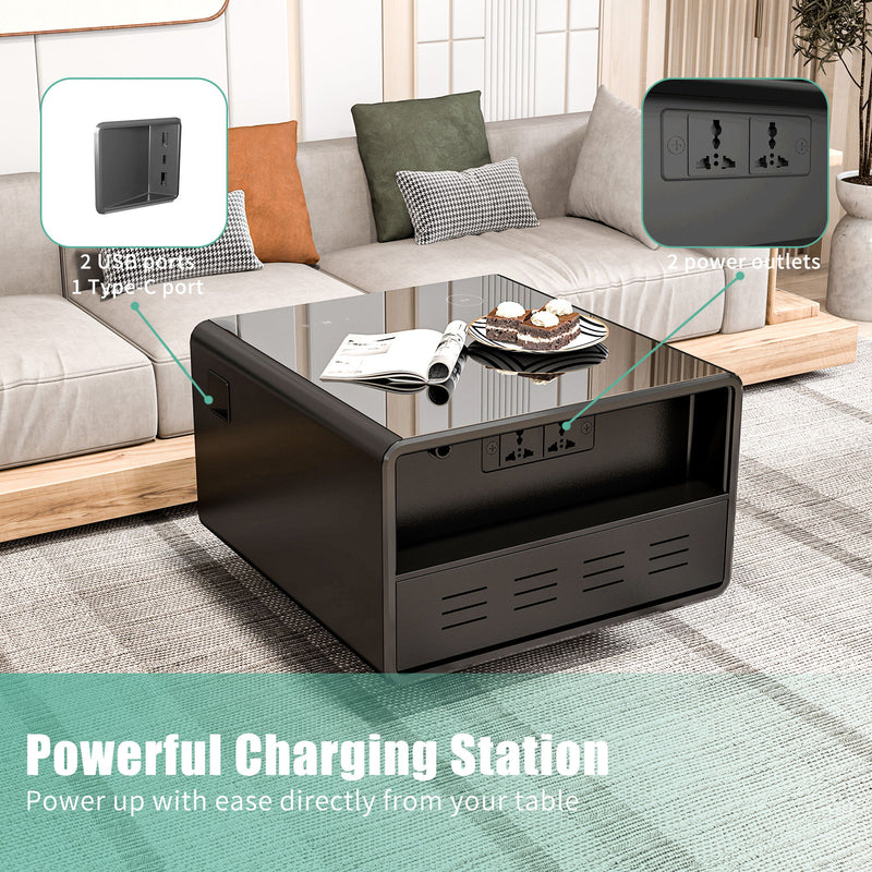 Modern Smart Side Table With Built-In Fridge, Wireless Charging, Temperature Control, Power Socket, USB Ports, Outlet Protection, Induction Light