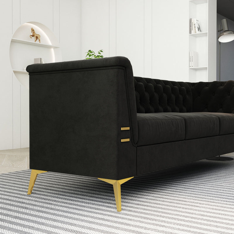 Fx-P83-Bk2 (Sofa) Luxurious Velvet Sofa With Gold Legs, Modern Chesterfield Design, Tufted Upholstery, 3-Seat Couch For Living Room And Office - Black