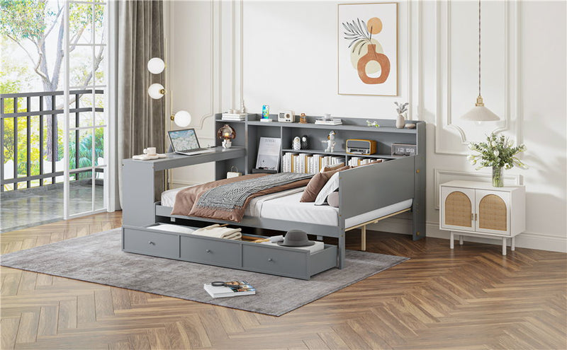 Full Size Wooden Daybed With 3 Drawers, USB Ports And Desk - Gray