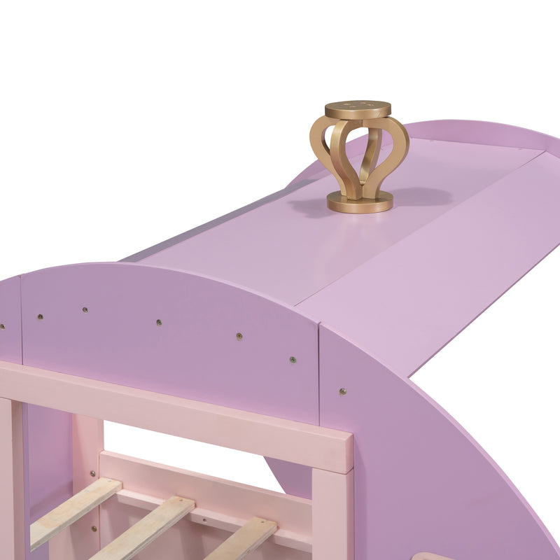 Twin size Princess Carriage Bed with Crown,Wood Platform Car Bed with Stair,Purple+Pink