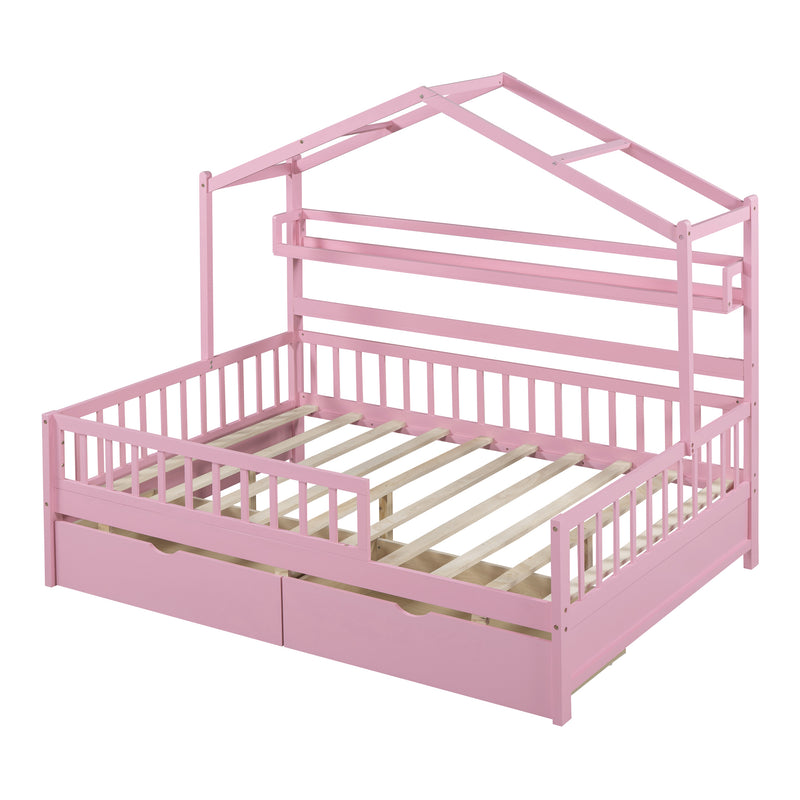 Wooden Full Size House Bed with 2 Drawers,Kids Bed with Storage Shelf, Pink