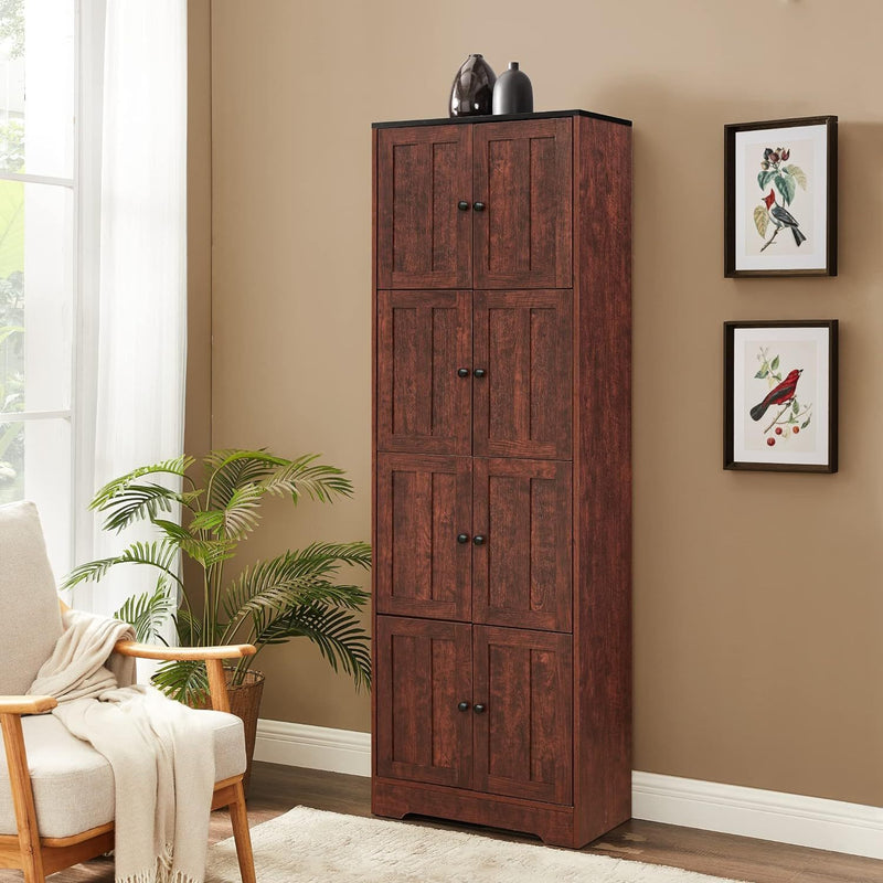 Tall Storage Cabinet with 8 Doors and 4 Shelves, Wall Storage Cabinet for Living Room, Kitchen, Office, Bedroom, Bathroom, Walnut