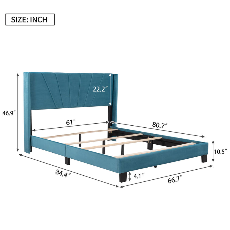 Queen Size Velvet Upholstered Platform Bed, Box Spring Needed