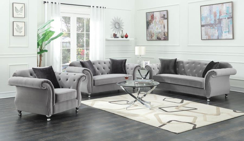 Frostine - Upholstered Rolled Arm Tufted Sofa - Silver