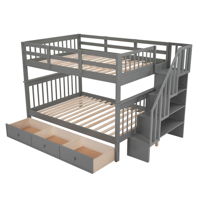 Stairway Full-Over-Full Bunk Bed with Drawer, Storage and Guard Rail for Bedroom, Gray color( old sku: LP000310AAE )