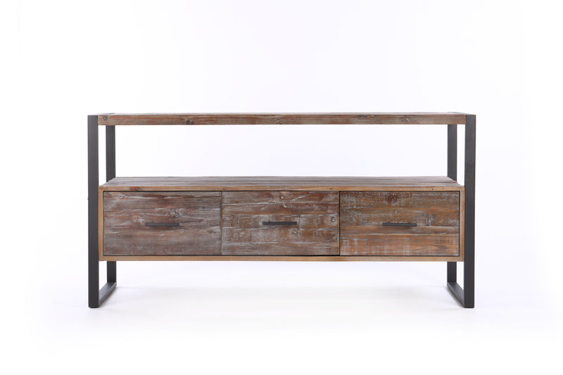 Reclaimed Wood Media TV Console Table With 3 Drarwer, Open Shelf - Antique Gray