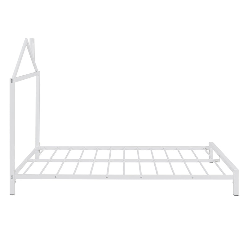 Full Size Metal Platform Bed With House-Shaped Headboard Design