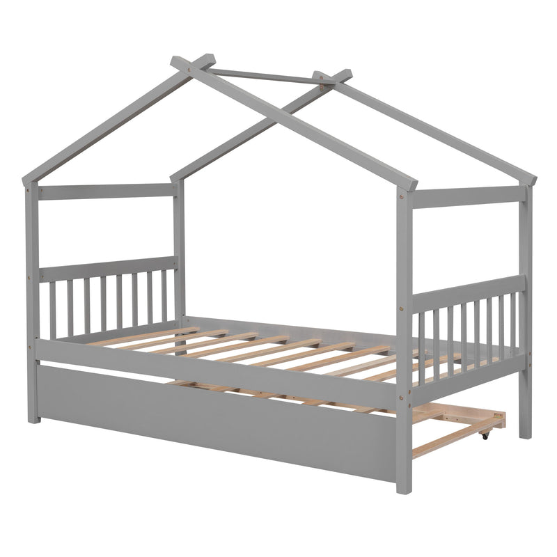 Twin Size Wooden House Bed With Twin Size Trundle - Gray