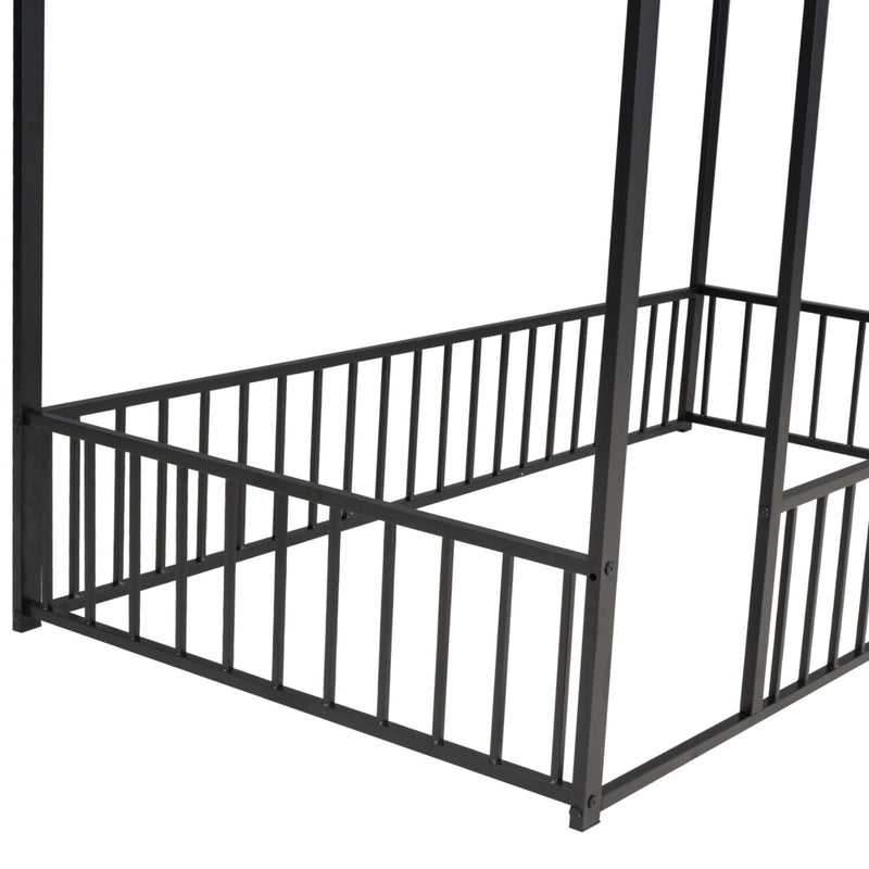 Twin Size Metal Bed House Bed Frame With Fence, For Kids, Teens, Girls, Boys