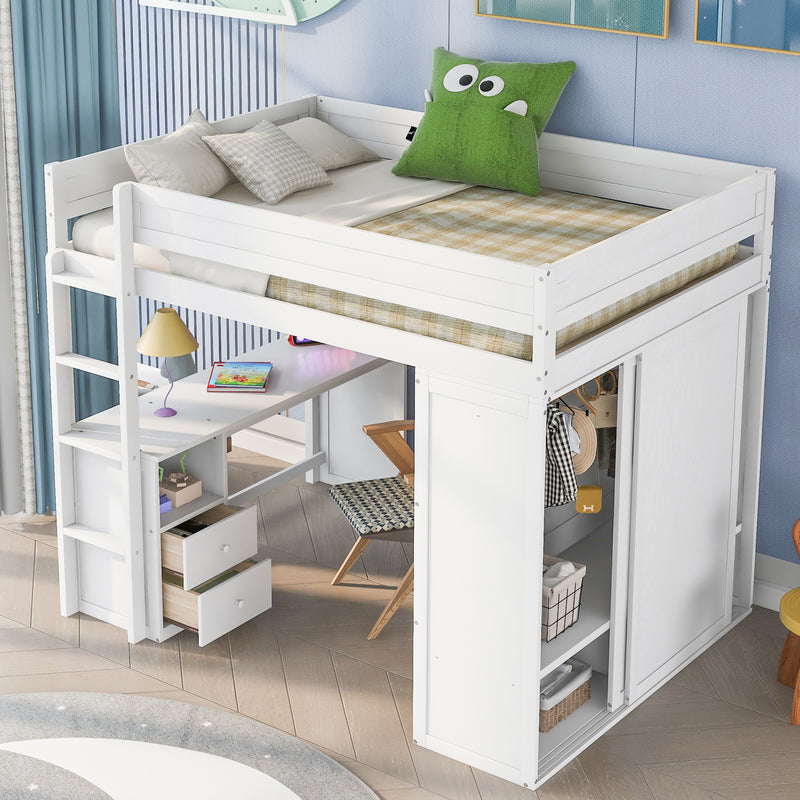 Wood Full Size Loft Bed with Wardrobes and 2-Drawer Desk with Cabinet, White