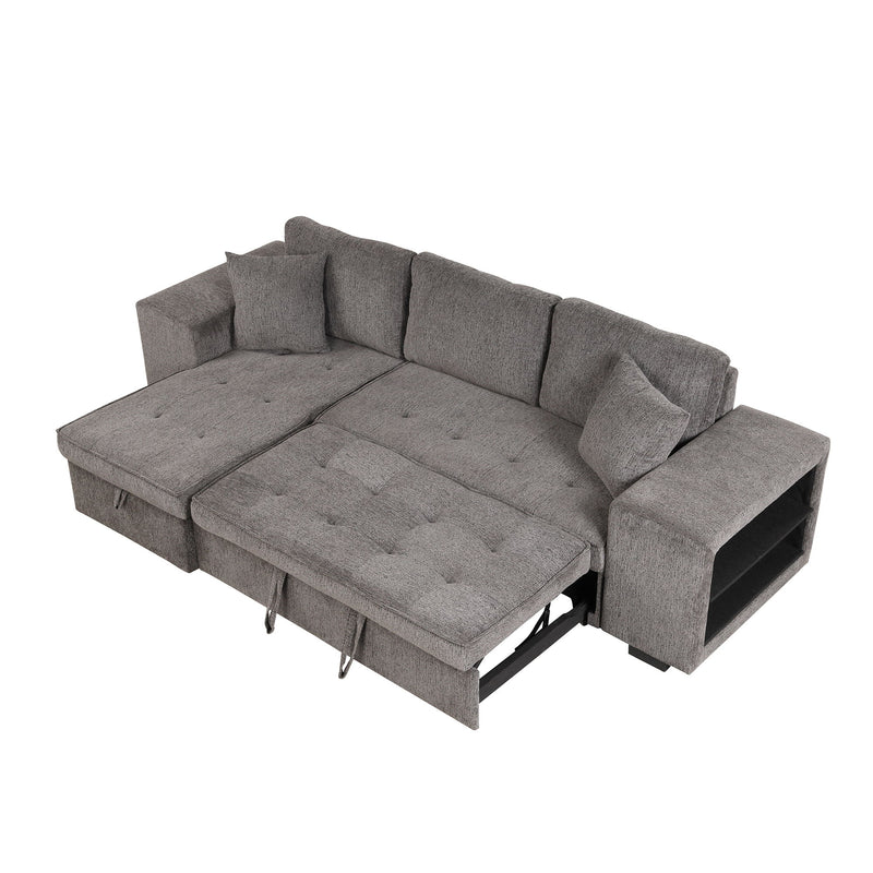 Modern L-Shape 3 Seat Reversible Sectional Couch, Pull Out Sleeper Sofa With Storage Chaise And 2 Stools For Living Room Furniture Set