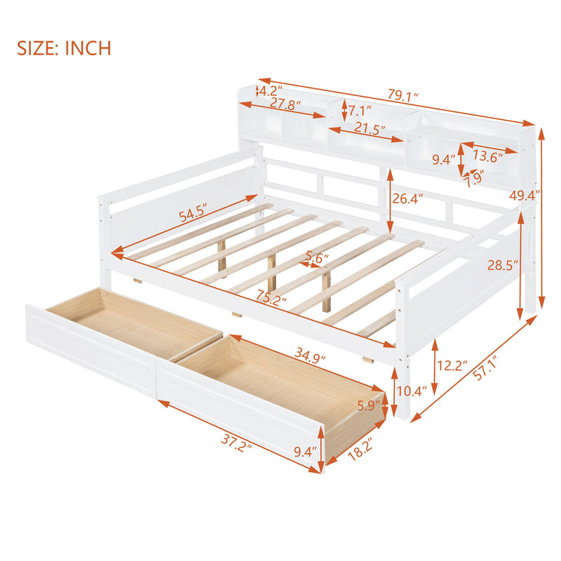 Daybed, Wood Slat Support, With Bedside Shelf And Two Drawers