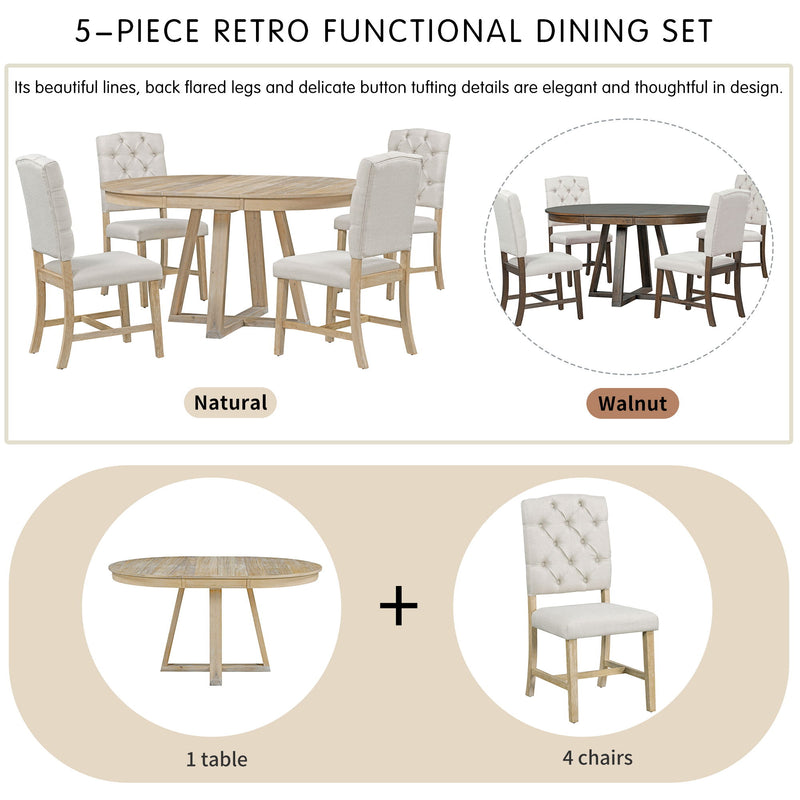 Retro Functional Dining Set, Round Table With Leaf And Upholstered Chairs For Dining Room And Living Room