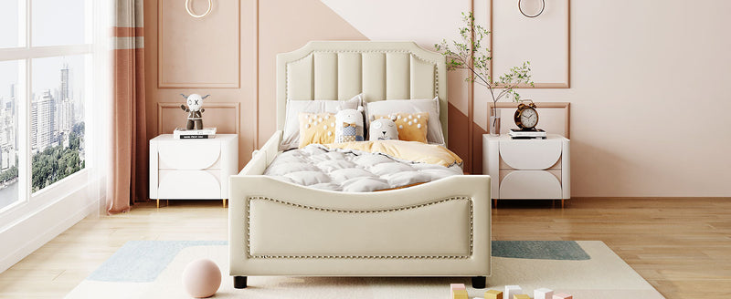 Twin Size Upholstered Daybed with Classic Stripe Shaped  Headboard, Beige