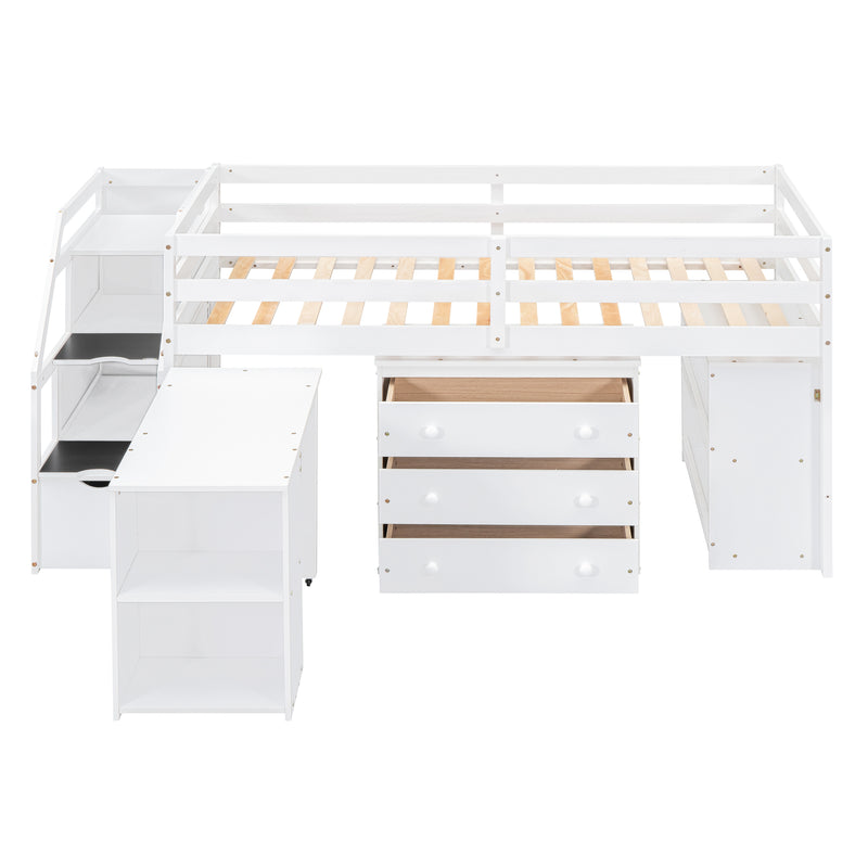 Twin Size Loft Bed with Retractable Writing Desk and 3 Drawers, Wooden Loft Bed with Storage Stairs and Shelves, White